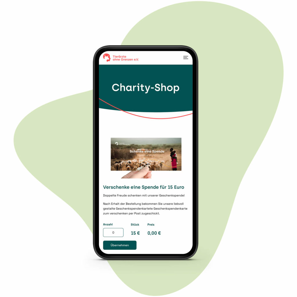 Screen: Mobile Ansicht – Charity-Shop (Tierärzte ohne Grenze, Webseite)